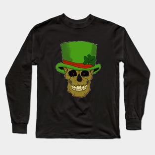 Grinning Leprechaun Skull with Top Hat Long Sleeve T-Shirt